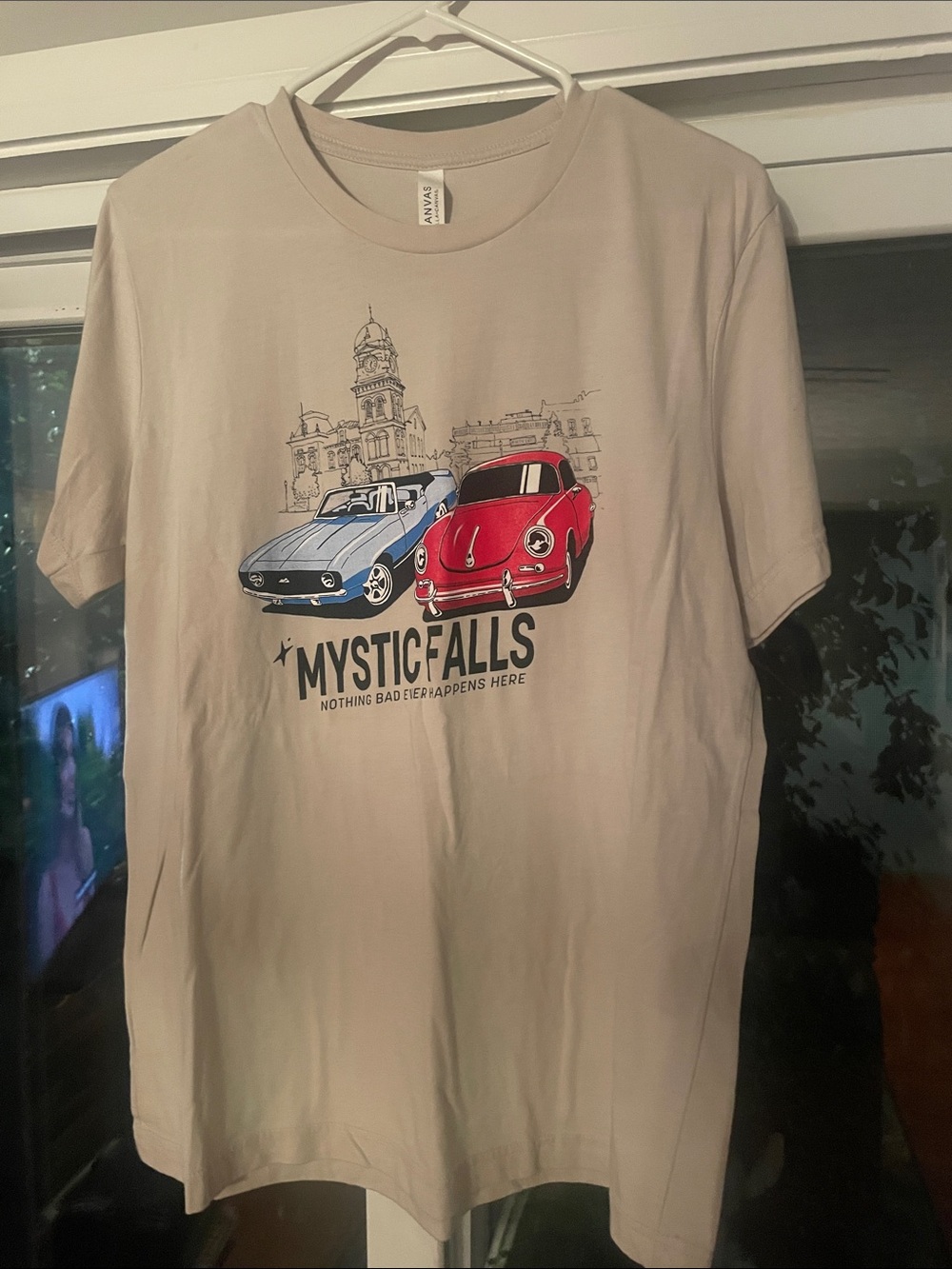 Mystic Falls Graphic Tee - Beige with Blue & Red Cars Vampire Dairies